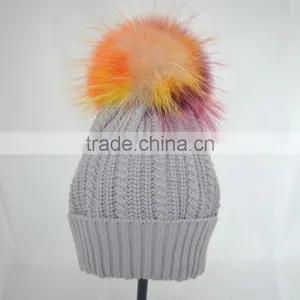 Myfur Light Grey Women Knit Hat With Real Fur Pom Pom Top thumbnail-3