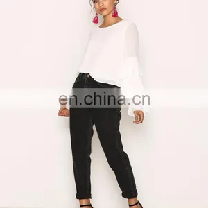 2018 Early Spring Long Flare Sleeve Chiffon Fashion Wholesale Ladies Frill Sleeve Blouse Designs thumbnail-3