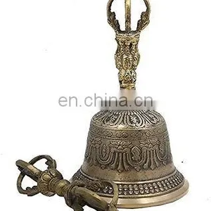 Indian Antique Tibetan Religious Brass Quality Bell Hand Vajra Dharma Objects Tibetan Buddhist Meditation Bell and Dorje Set thumbnail-1