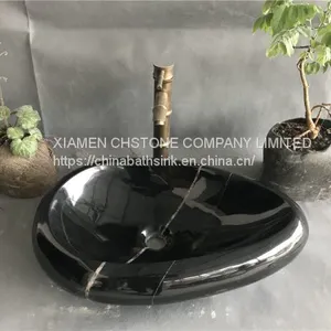 Nero Marquina Marble Bathroom Vessel Oval Sink Black Marble Wash Basin thumbnail-1