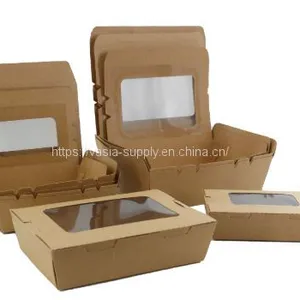 Disposable Take Away Food Salad Box Recycled Kraft Paper Packing Folding Box With Window 2100ml thumbnail-1