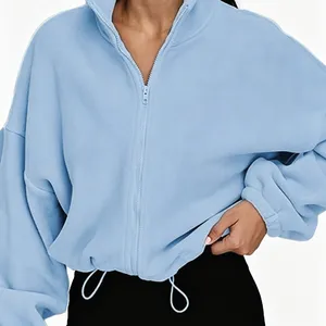 Women's 100% Polyester Stand Collar Cropped Polar Fleece Full Zip Jacket thumbnail-2