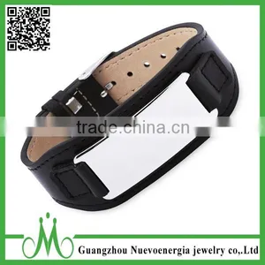 High Fashion Black Stainless Steel Wristband PU Genuine Leather Wide Mens Jewelry thumbnail-5