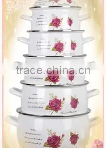 Fashion Design Double Handle Enamel Pot Set Purple Flower Decal Non-Stick Iron Pot With FDA SGS Certified 5 Pcs thumbnail-1
