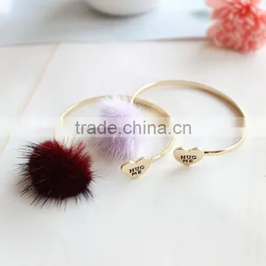 Mink Fur Pompon Cuff Bangle Marten Fur Pom Pom Cuff Bangle Customized Hug me Heart Gold Cuff Bangle thumbnail-4
