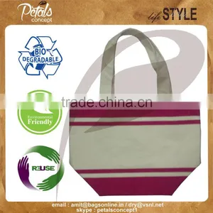 Hot Pink Stripe Print Canvas Tote Bag With Canvas Handle , Brand on Bag With PU Embossed Label thumbnail-1