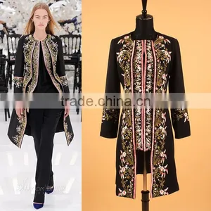 Retro Flowers Embroidered Long Sleeve Black Slim Long European Elegant Women Coat thumbnail-1