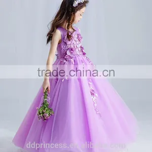 New Arrival Violet Ball Gown Tulle Girls Long Wedding Dress Sleeveless Embroidery Flower Handmade Beaded Purple Prom Party Dress thumbnail-3