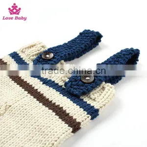 2pcs Set Baby Photography Prop Crochet Knit Boy Stripe Hat Pants Overalls thumbnail-4