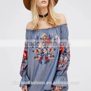 2017 Korean Ladies off Shoulder Top Long Sleeve Shirt Embroidered Blouses Shirts thumbnail-3