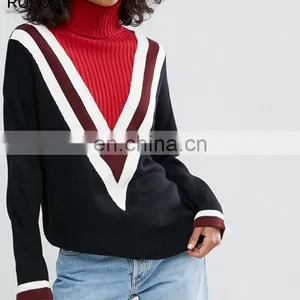 Black Sweater as Long Sleeve High Neck Tops With Latest Chevron Design for Women of Knit Clothing thumbnail-1