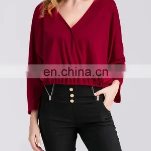 2016 New Design Women Ladies Plain TShirt Long Sleeve Shirt Casual Blouse Tops V Neck Cotton Tee thumbnail-4