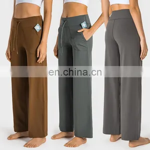 Wholesale Custom Loose Wide Leg Flared Yoga Pants Ladies Dance Gym Wear Drawstring With Side Pocket Leggings Trousers For Women thumbnail-1