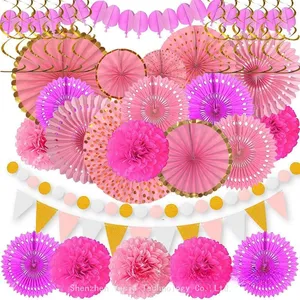 20pcs Birthday Party Handmade Paper Flower Reusable Set With Hanging Paper Fan Decoration thumbnail-2