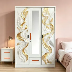 UV Printing Knock‑down Flat‑pack 3‑Door & 4‑Door Steel Wardrobe With Mirror Drawers Multi‑purpose Clothes Storage Cabinet Custom Color Export thumbnail-5