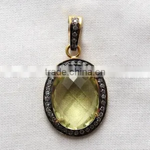 Vintage Lemon Quartz & CZ 925 Sterling Silver Pendant, Gemstone Silver Jewelry, Handmade Silver Jewelry thumbnail-6