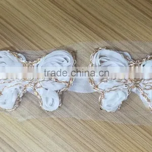 Shabby Chiffon 3X2.5" Butterfly w/ Sequin & Gold Trim Fabric Rose Spring Craft Supplies Baby Headband Flower Hair Bow Applique Quality Choice thumbnail-1