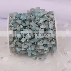 Blue Aquamarine Chip Beads Link Rosary Chains, Brass Silver Plated Wire Wrapped Chain thumbnail-3