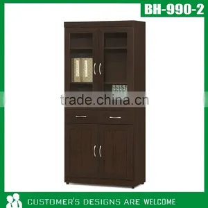 Walnut Finished Wood Book Shelf With Glass Door, Modern Book Cabinet thumbnail-3