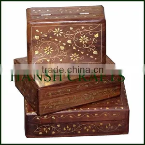 Carved Wooden Box Brass Inlay Wooden Box Brass Inlay Hand Carved Wooden Box thumbnail-1