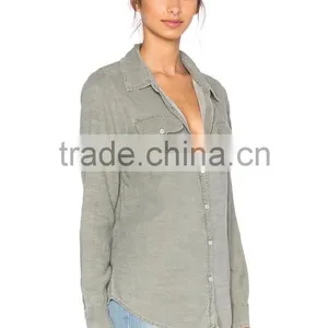 New Style Autumn Women Army Olive Grey Twill Shirt Factory Price thumbnail-2