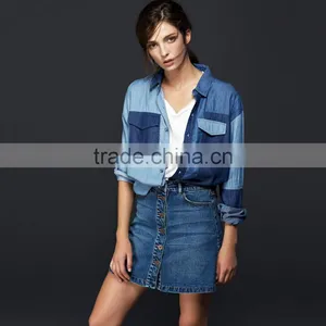Hot Sale Women Denim Shirt With Pocket and Block Fashion Design Hot Sale thumbnail-1