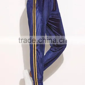 Navy Side Striped Drawstring Velvet Sweatpants 95% Polyester 5% Spandex Elastic Waist Loose Trousers thumbnail-2