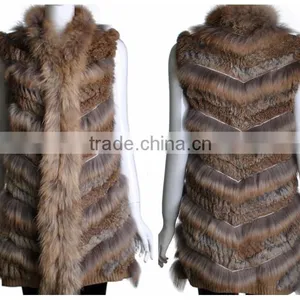 YR646 Stylish Real Rabbit Knit and Raccoon Fur Waistcoat Euro Long Fur Gilet thumbnail-1