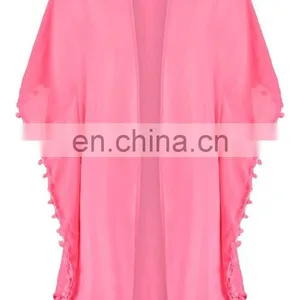 SOLID POM POM TRIM KIMONO Latest Beach Kimono Soft Polyester Fabric Embroidered Kimono thumbnail-2