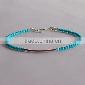 Turquoise Bead Bangle Bracelet With White Gold Copper Tube thumbnail-1