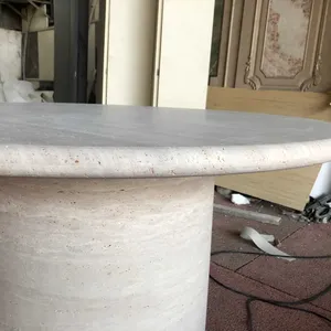 Modern Round Top Beige Travertine Stone Coffee Table Low Round Cylinder Plinth Living Room Luxury Natural Customized Tea Table thumbnail-4