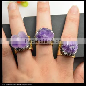 LFD-0016R ~Fashion Jewelry Gold Plated Nature Amethyst Quartz Rings, Crystal Rhinestone Paved Gems Druzy Ring Adjustable Size thumbnail-2