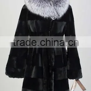 Rex14063 100% Real Black Rex Rabbit Fur Coat With Fox Fur Hood thumbnail-1