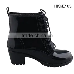 Cheap Black PVC Women Wedge High Heel Rain Boots With Fancy Lace thumbnail-1