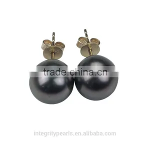 9.5-10mm AAA Natural Black Real 18K Gold Natural Tahiti Pearl Earring thumbnail-3