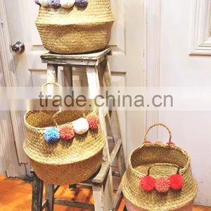 Decorative Seagrass Storage Baskets, Belly Seagrass Basket With Pompoms thumbnail-4