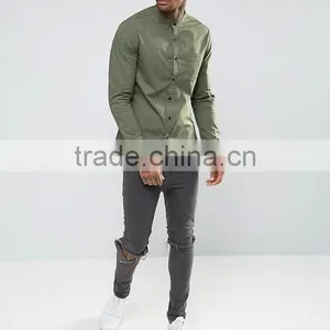 Long Sleeve Chest Pocket Grandad Collar Mens Pre-Shrunk 97% Cotton 3% Elastane Breathable Skinny Fit Casual Green Point Shirts thumbnail-4