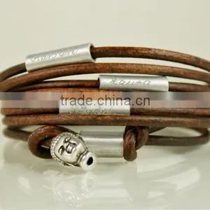 Personalized Engraved Leather Bracelet, Wrapped Leather Bracelet, Name/logo Stamped Multi Strand Bracelet,buddha Charm Bracelet thumbnail-1