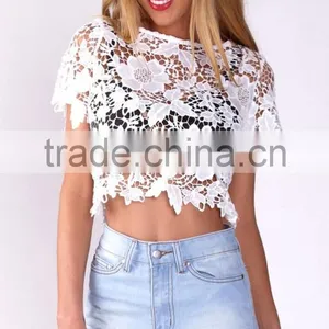 100% Polyester Short Sleeve Round Neck Crop Top,elegant Fashion Lace Top thumbnail-6