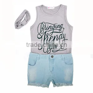 Wholesale 3 Pieces Kids t Shirt Casual Beach Wear Set w/ Headband thumbnail-1