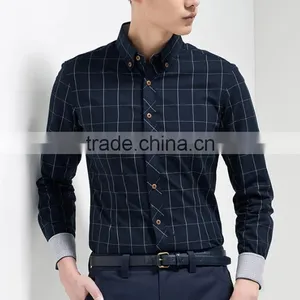 2016 Navy Blue Men Button Down Plaid Slim Fit Casual Shirt thumbnail-2