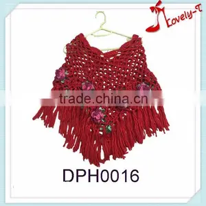2015 Hand Knitting China Red Little Girl's Pullover Poncho Sweater Patterns Crochet Poncho With Tassels thumbnail-1