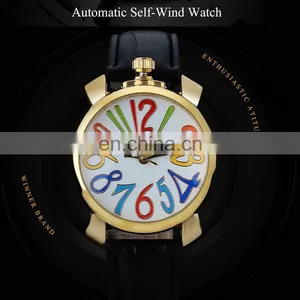 Winner U8060 Watches Women Gold Bezel Rainbow Color Numeral Dial Automatic Mechanical Wrist Watches Leather Strap Ladies Watch thumbnail-5