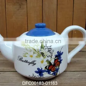 DFC Household Ceramic Teapot / Water Pot With Blue Lid and Flower Decal thumbnail-1
