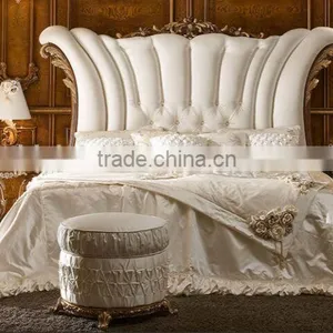 Golden Upholstery Queen Anne Bed, Luxury Wood Carved & Gold Painted Queen Bedroom Furniture, Vitoria Style King Size Bed thumbnail-3