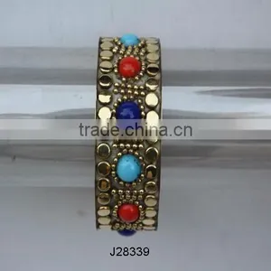 Metal Mosaic Bracelet Wth Blue and Red Ceramic Stones on Brass Base thumbnail-1