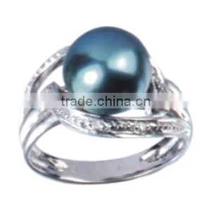 Peacock Green Pearl Ring With Diamond Ring thumbnail-1