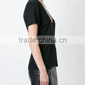 Custom Womens V Neck Blank Plain T Shirts,Pure Black Cotton V Neck T-Shirts For Women thumbnail-4