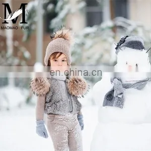 Kids Winter Knitted Hats Children Three Fur Pom Poms Hat Baby Hat With Hair thumbnail-4