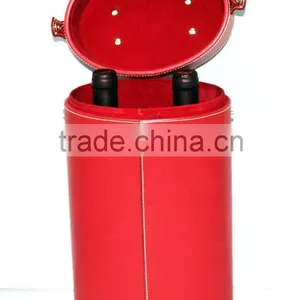 Red Color Leather Round Barrel Wine Box/Case With Handle thumbnail-3